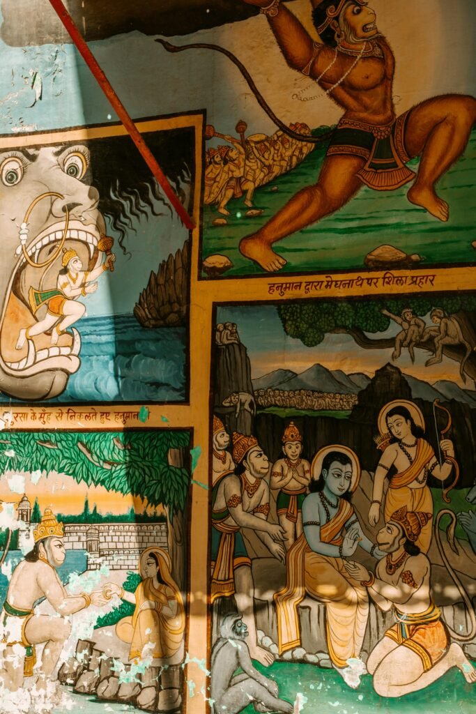 Vibrant mural illustrating scenes from the Ramayana in India, showcasing Hindu mythology and traditional art.